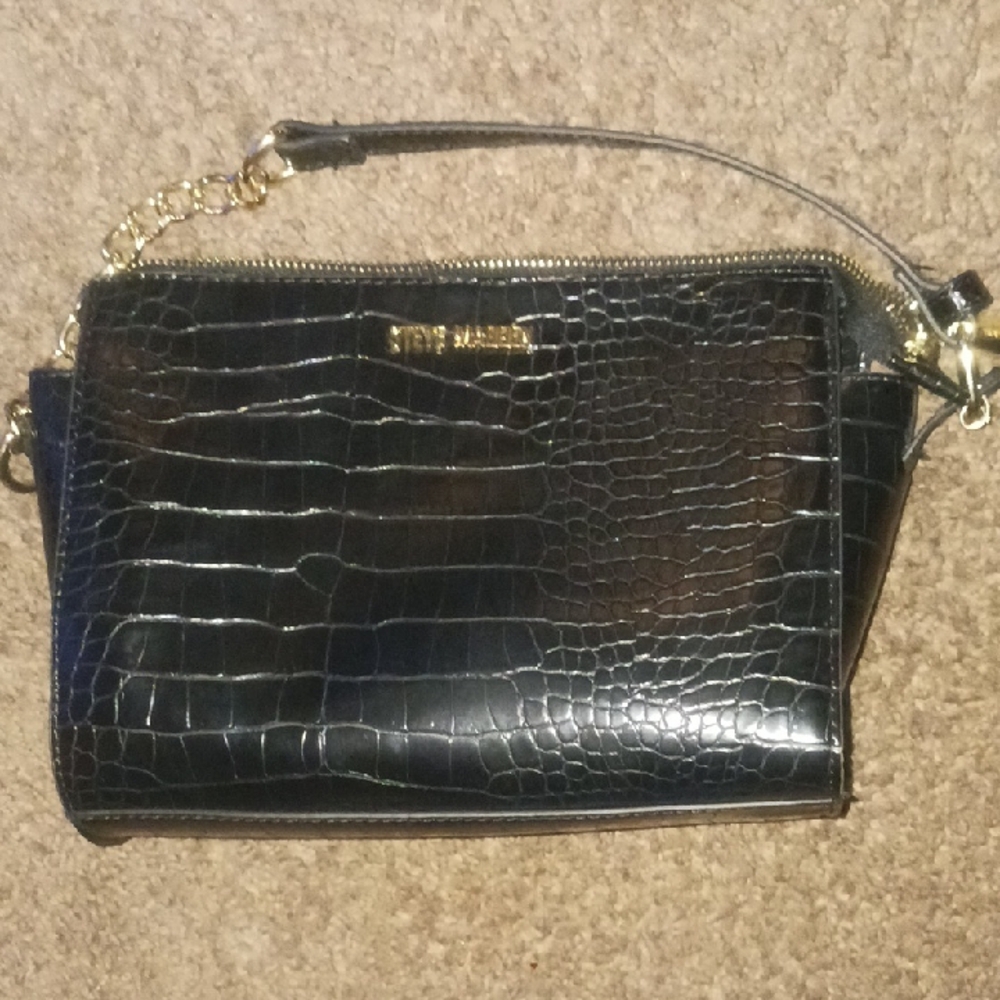 Steve Madden Black Croc-Embossed Clutch with Gold Accents
